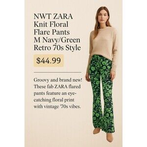 ZARA Knit Flared Pants Medium NWT Green Floral Jacquard Retro 70s Stretch...